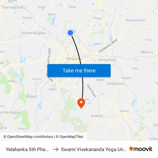 Yelahanka 5th Phase New Town to Swami Vivekananda Yoga University Bangalore map