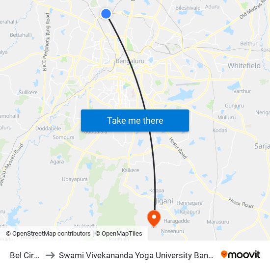 Bel Circle to Swami Vivekananda Yoga University Bangalore map