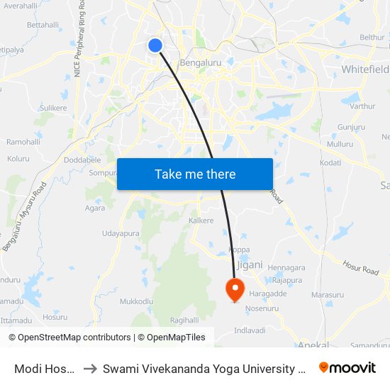 Modi Hospital to Swami Vivekananda Yoga University Bangalore map