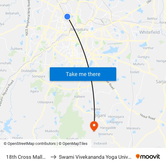 18th Cross Malleshwaram to Swami Vivekananda Yoga University Bangalore map