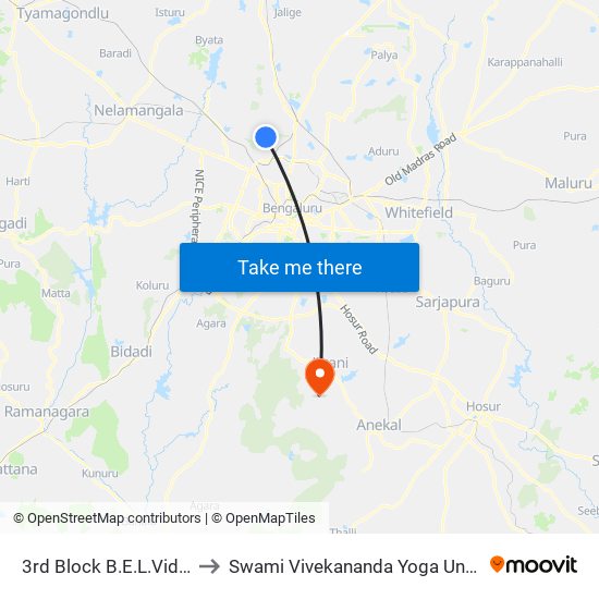 3rd Block B.E.L.Vidyaranyapura to Swami Vivekananda Yoga University Bangalore map