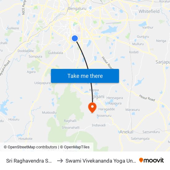 Sri Raghavendra Swamy Temple to Swami Vivekananda Yoga University Bangalore map
