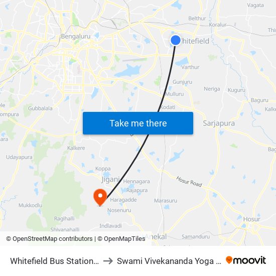 Whitefield Bus Station (Vydehi Hospital) to Swami Vivekananda Yoga University Bangalore map