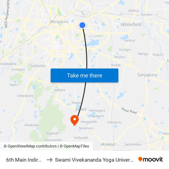 6th Main Indiranagara to Swami Vivekananda Yoga University Bangalore map