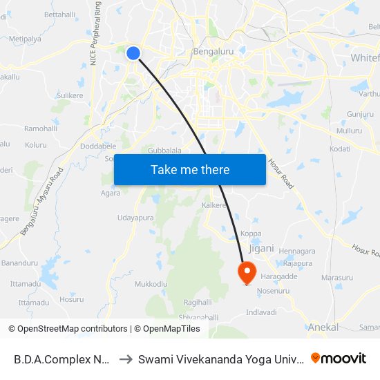 B.D.A.Complex Nagarabhavi to Swami Vivekananda Yoga University Bangalore map