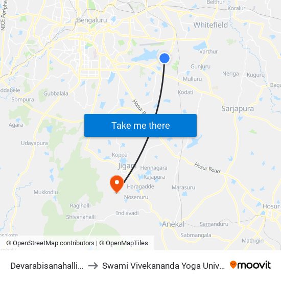 Devarabisanahalli Ring Road to Swami Vivekananda Yoga University Bangalore map