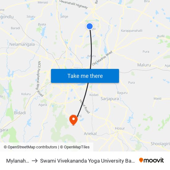 Mylanahalli to Swami Vivekananda Yoga University Bangalore map