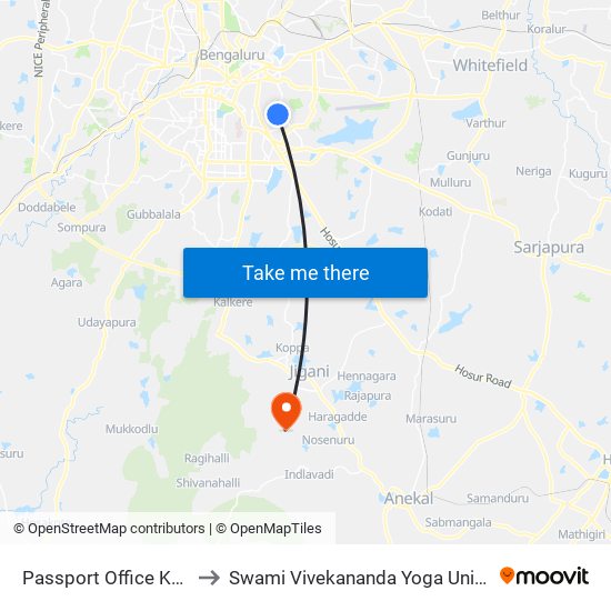 Passport Office Koramangala to Swami Vivekananda Yoga University Bangalore map