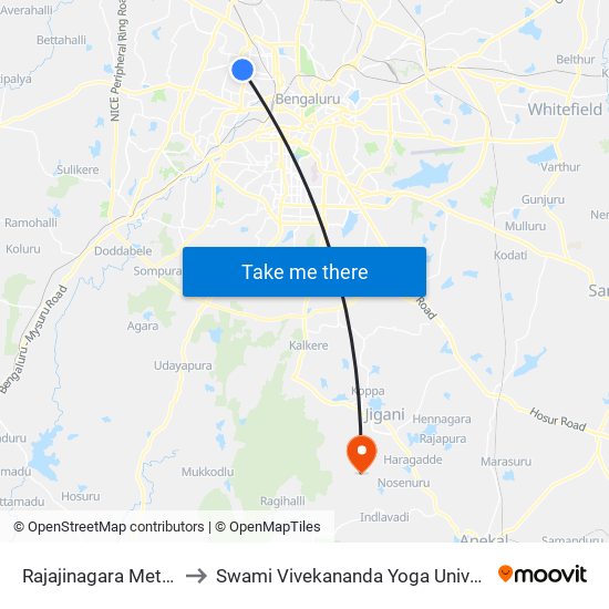 Rajajinagara Metro Station to Swami Vivekananda Yoga University Bangalore map