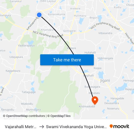 Vajarahalli Metro Station to Swami Vivekananda Yoga University Bangalore map