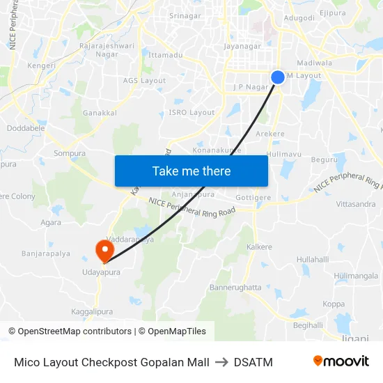 Mico Layout Checkpost Gopalan Mall to DSATM map