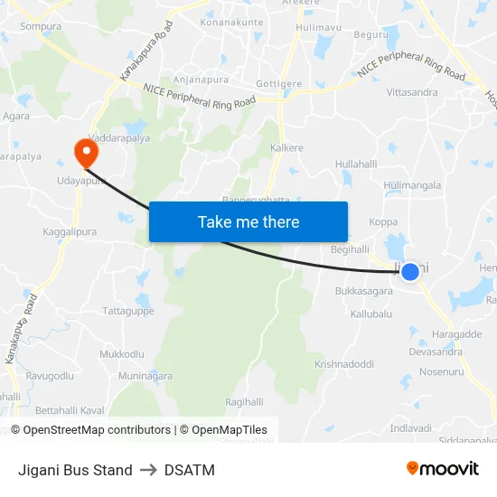 Jigani Bus Stand to DSATM map