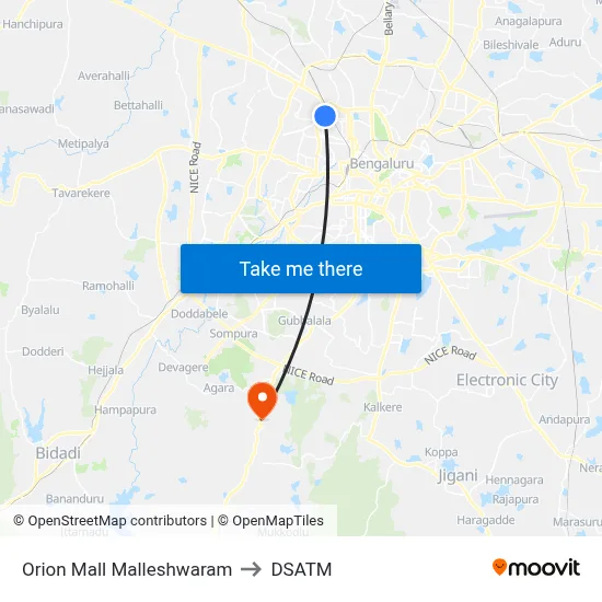 Orion Mall Malleshwaram to DSATM map