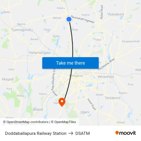 Doddaballapura Railway Station to DSATM map