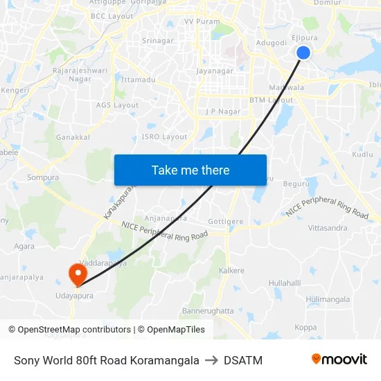 Sony World 80ft Road Koramangala to DSATM map