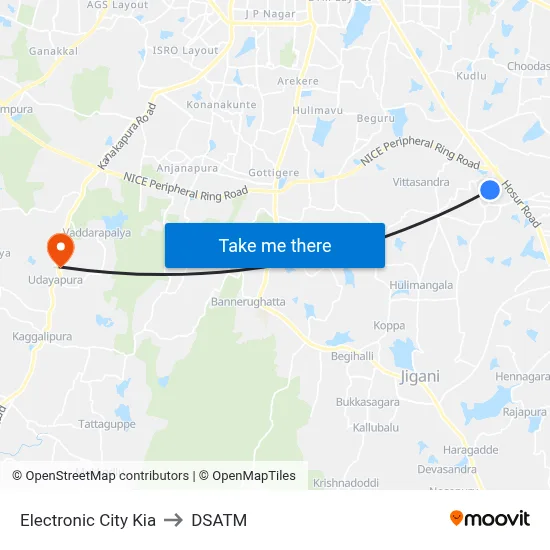 Electronic City Kia to DSATM map