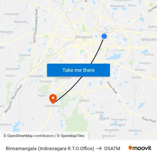 Binnamangala (Indiranagara R.T.O.Office) to DSATM map