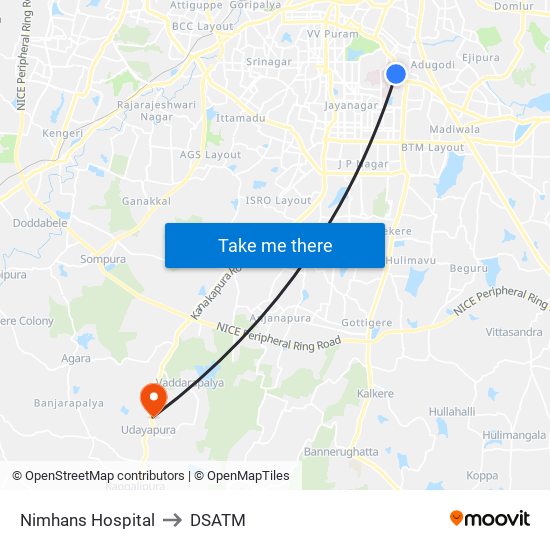 Nimhans Hospital to DSATM map