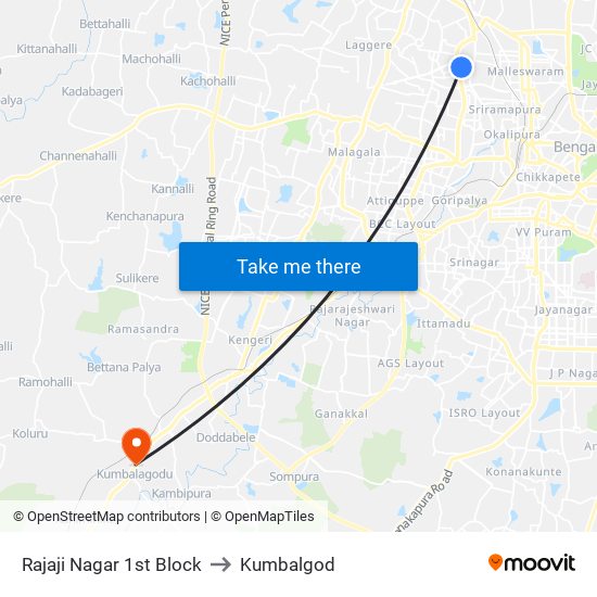 Rajaji Nagar 1st Block to Kumbalgod map