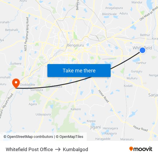 Whitefield Post Office to Kumbalgod map