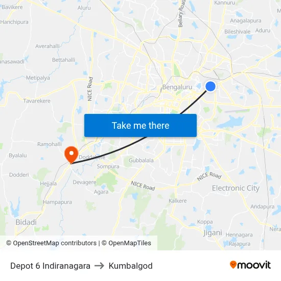 Depot 6 Indiranagara to Kumbalgod map
