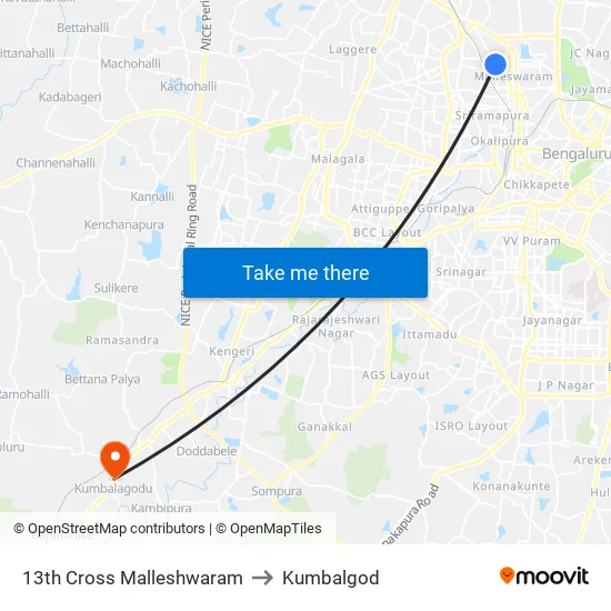 13th Cross Malleshwaram to Kumbalgod map