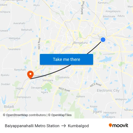 Baiyappanahalli Metro Station to Kumbalgod map