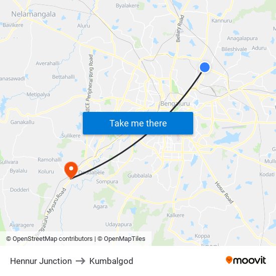 Hennur Junction to Kumbalgod map