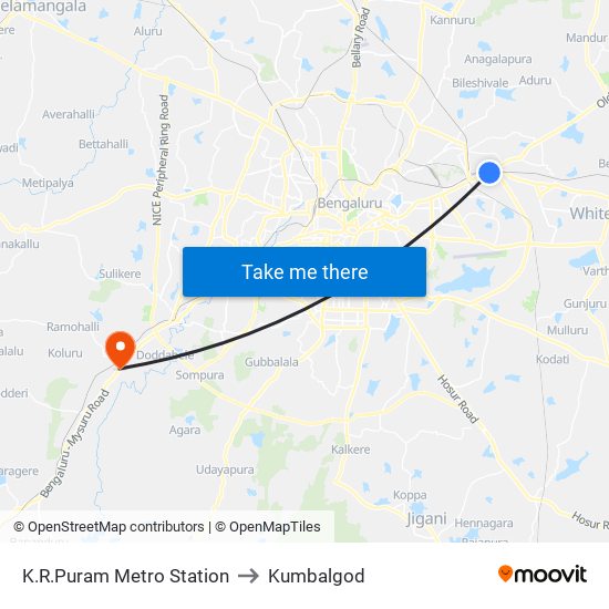 K.R.Puram Metro Station to Kumbalgod map