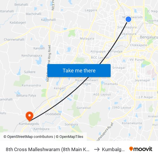 8th Cross Malleshwaram (8th Main Kbs) to Kumbalgod map