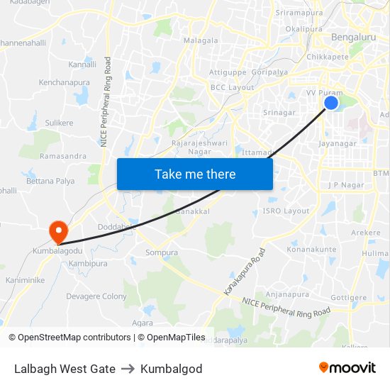 Lalbagh West Gate to Kumbalgod map