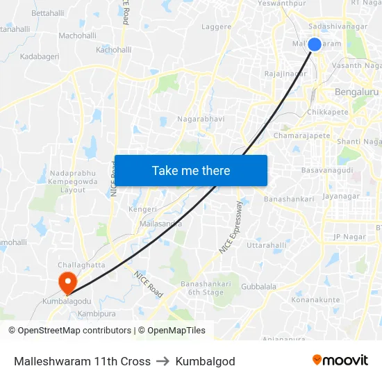 Malleshwaram 11th Cross to Kumbalgod map