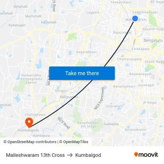 Malleshwaram 13th Cross to Kumbalgod map