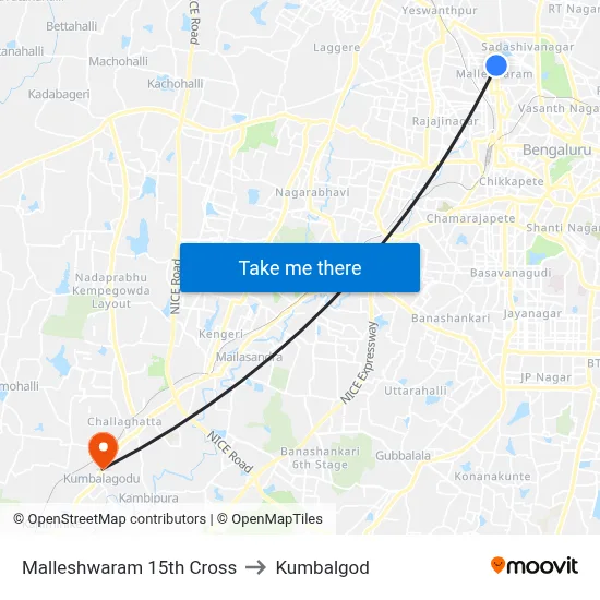 Malleshwaram 15th Cross to Kumbalgod map