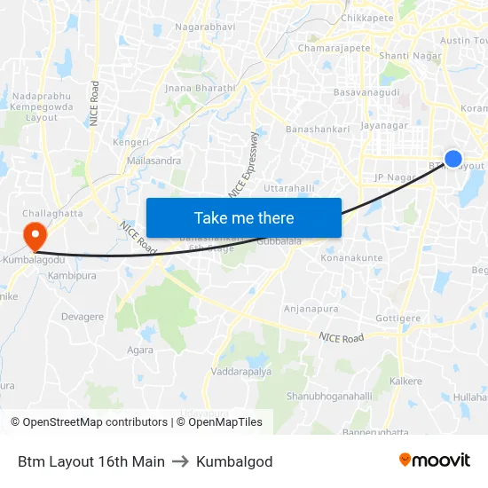 Btm Layout 16th Main to Kumbalgod map