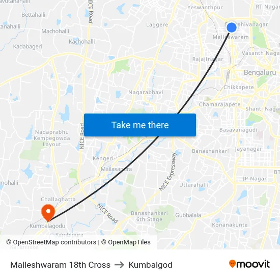 Malleshwaram 18th Cross to Kumbalgod map
