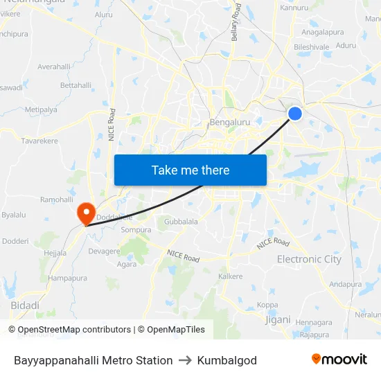 Bayyappanahalli Metro Station to Kumbalgod map