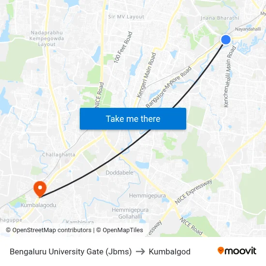 Bengaluru University Gate (Jbms) to Kumbalgod map