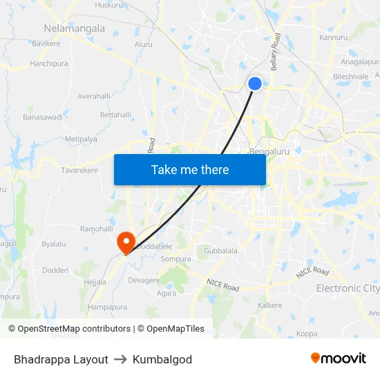 Bhadrappa Layout to Kumbalgod map