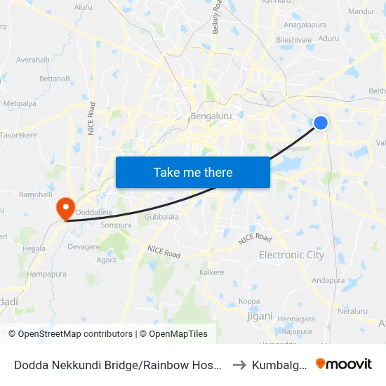 Dodda Nekkundi Bridge/Rainbow Hospital to Kumbalgod map
