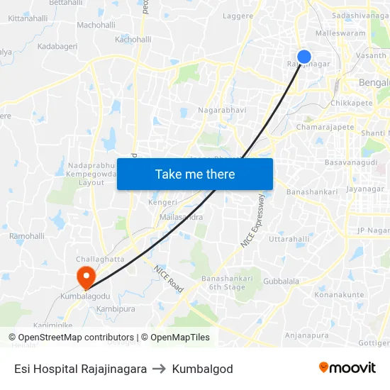 Esi Hospital Rajajinagara to Kumbalgod map
