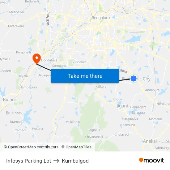 Infosys Parking Lot to Kumbalgod map