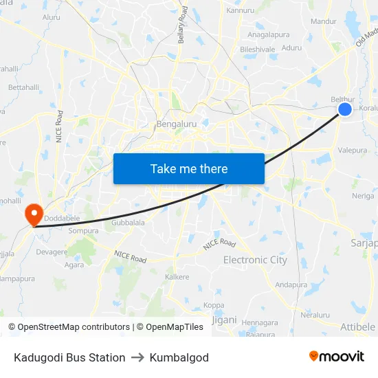 Kadugodi Bus Station to Kumbalgod map