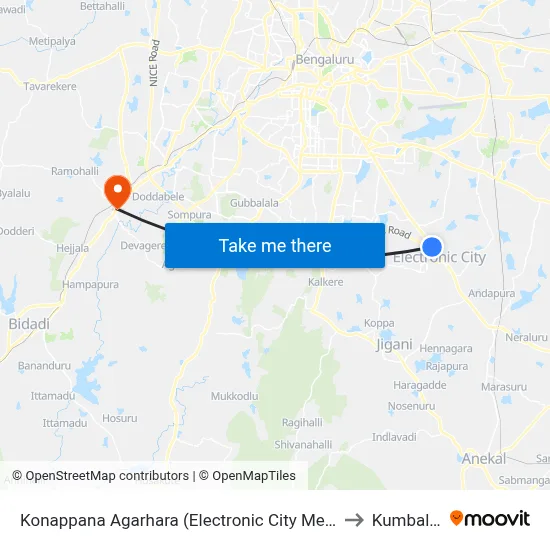 Konappana Agarhara (Electronic City Metro Station) to Kumbalgod map