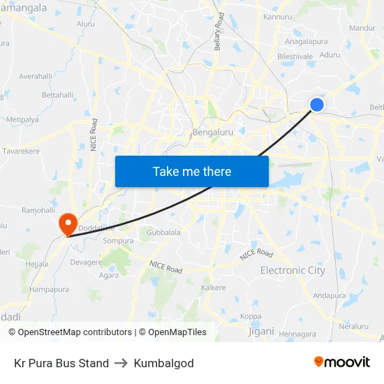 Kr Pura Bus Stand to Kumbalgod map