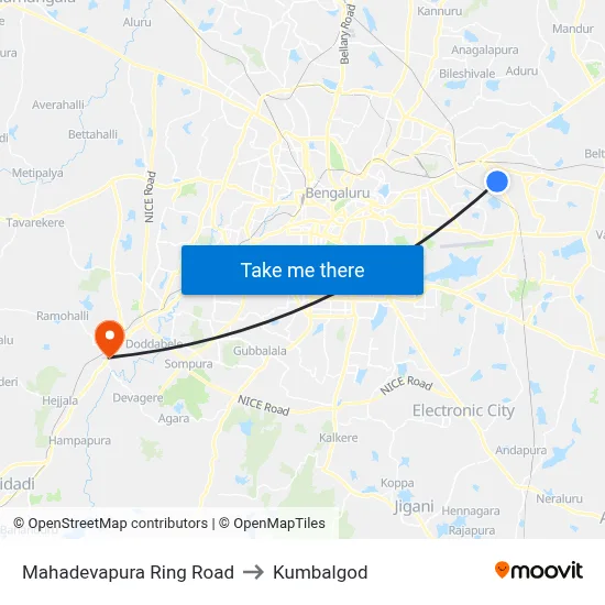 Mahadevapura Ring Road to Kumbalgod map
