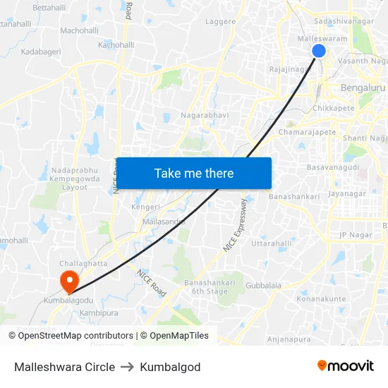 Malleshwara Circle to Kumbalgod map
