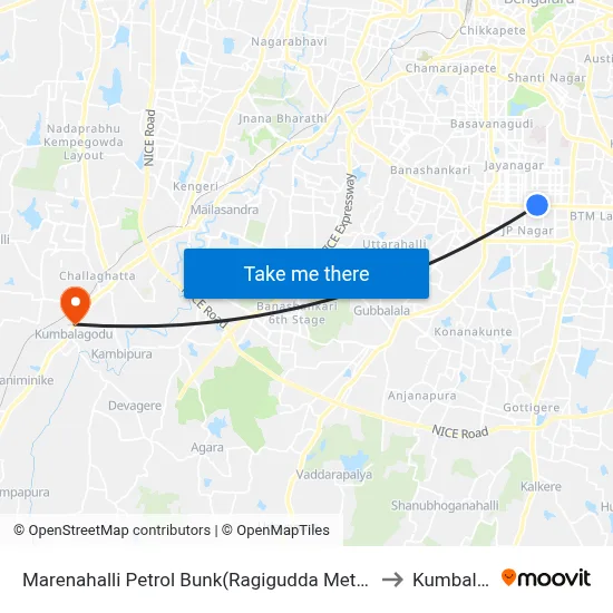 Marenahalli Petrol Bunk(Ragigudda Metro Station) to Kumbalgod map
