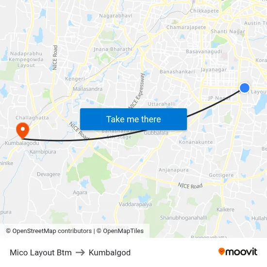 Mico Layout Btm to Kumbalgod map