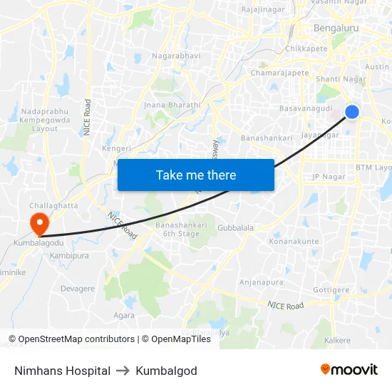 Nimhans Hospital to Kumbalgod map
